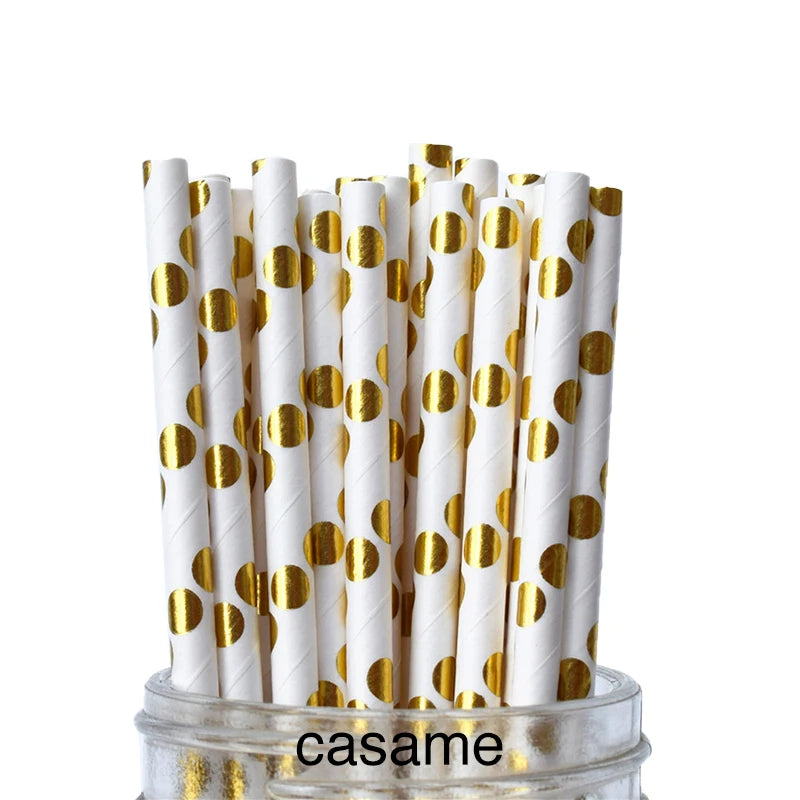 25PCS Metallic Gold & Silver Foil Paper Straws – Heart, Star & Chevron Pattern Biodegradable Party Straws for Wedding, Birthday & Events